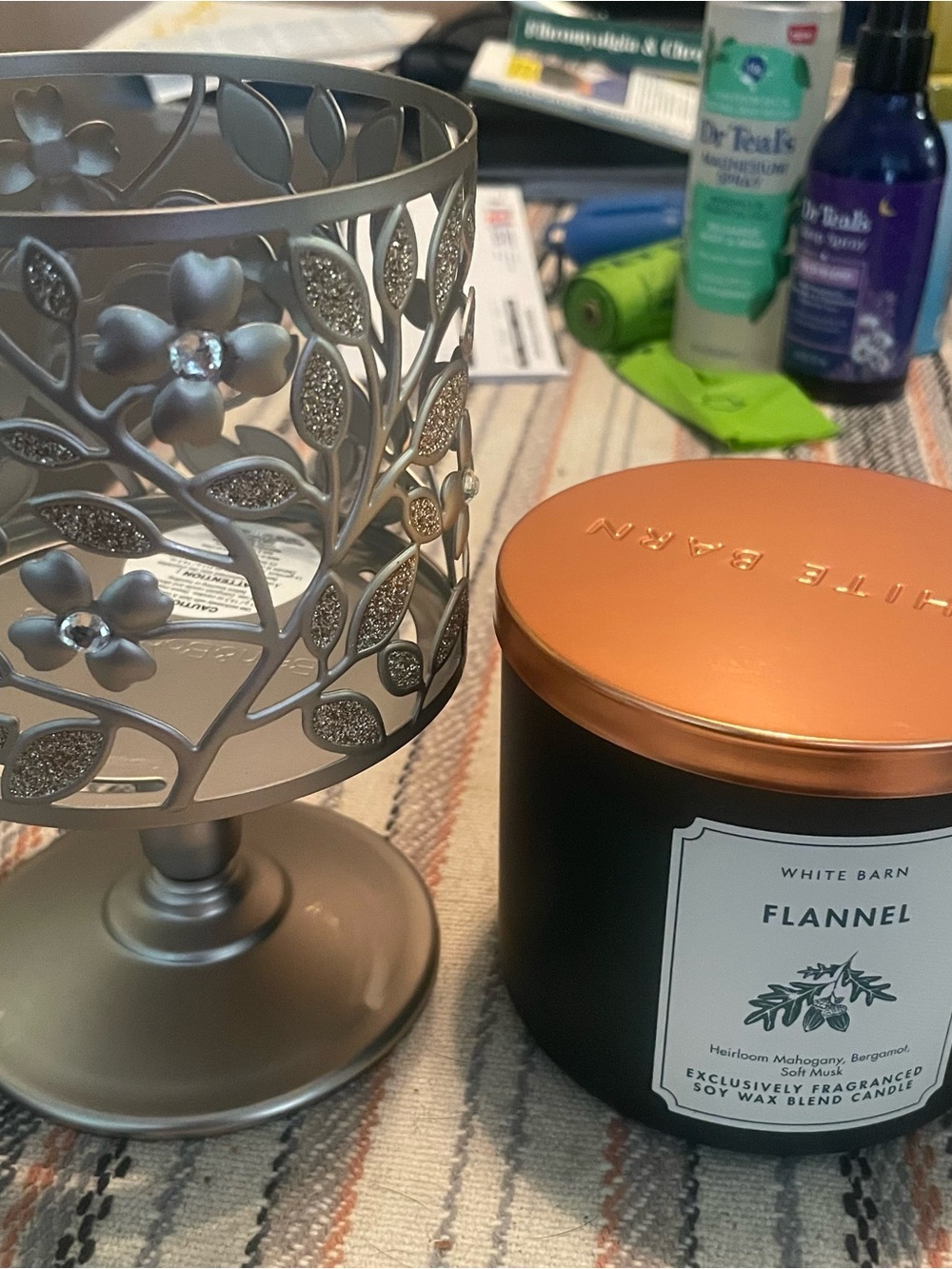 White Barn Black Jar Candle with Copper Lid and Silver Floral Holder